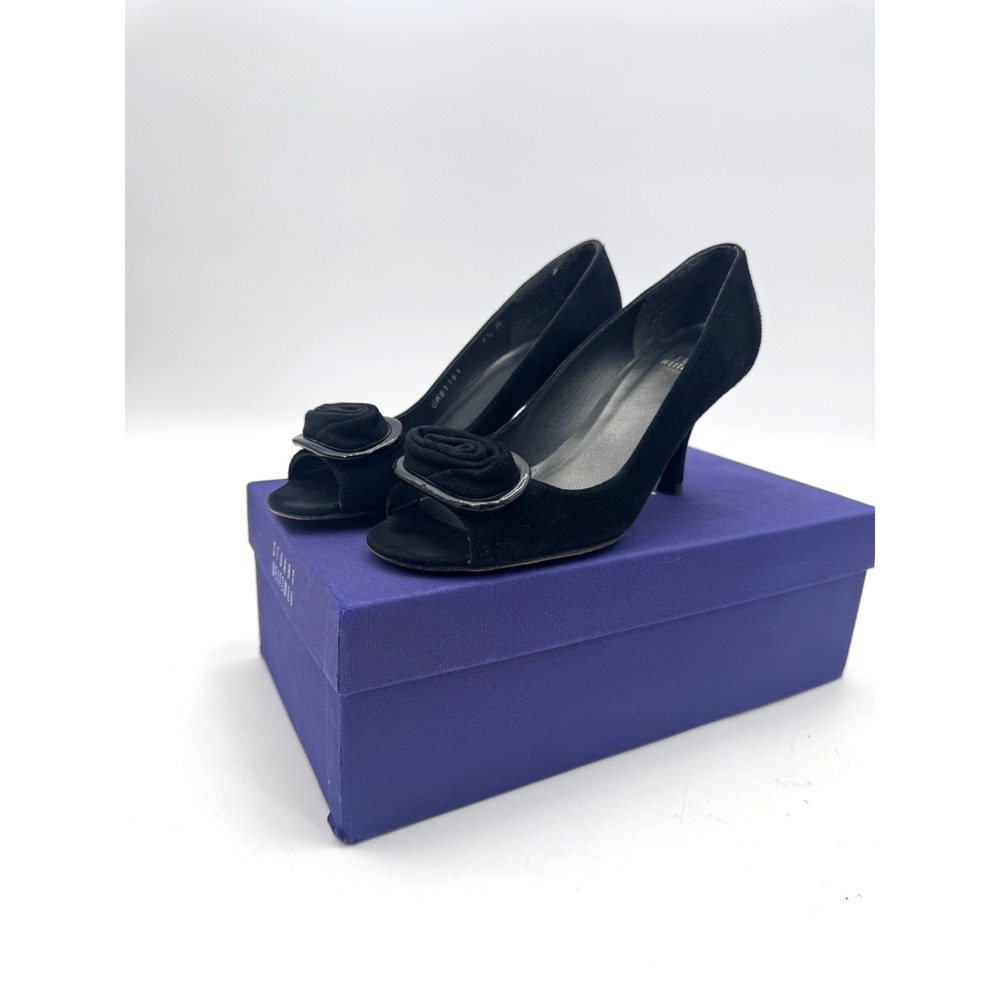 Stuart Weitzman Black Suede Rosette Pump Heels Shoe 6.5 Quiet Luxury Old Money